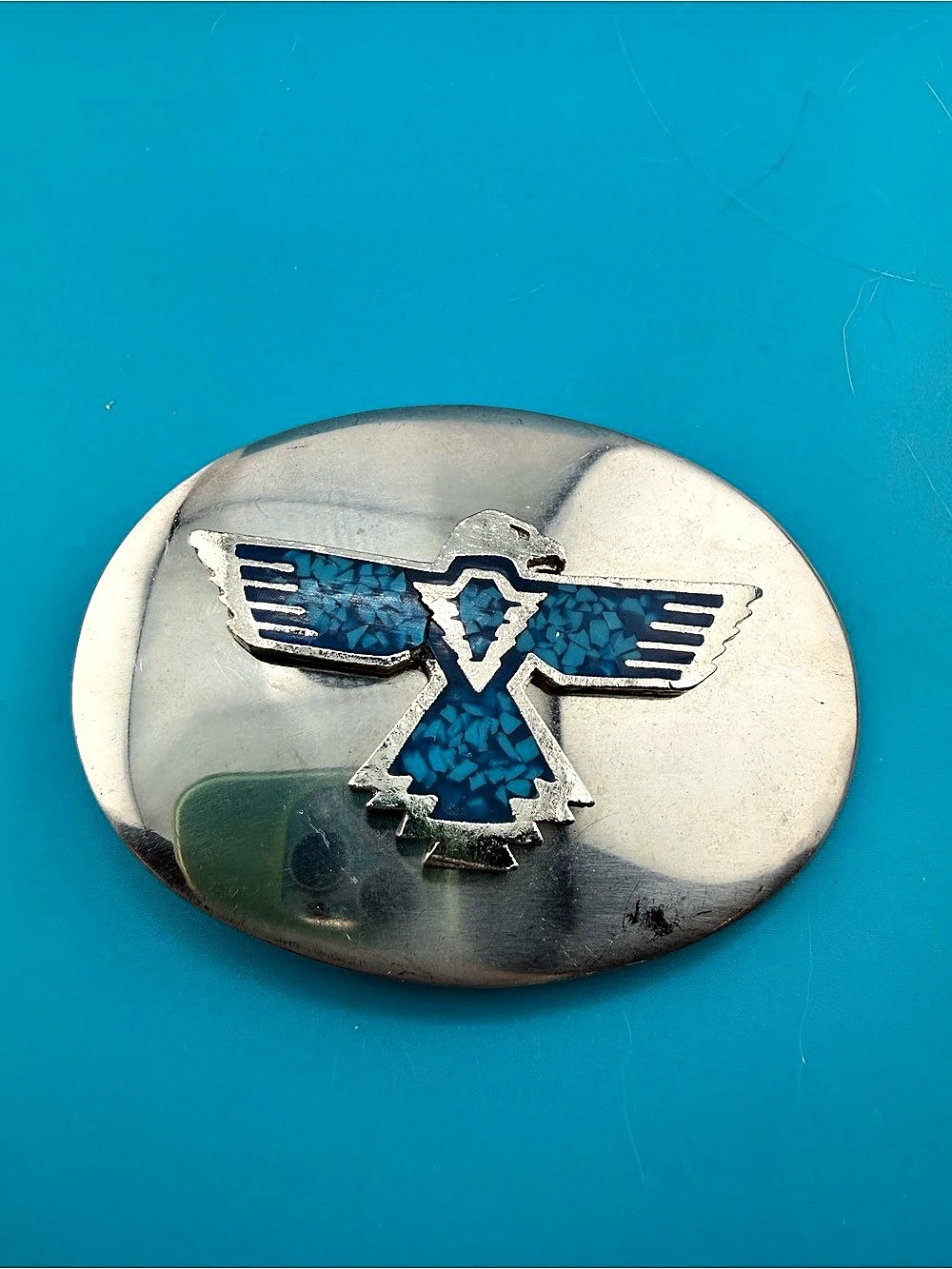 Vintage Thunderbird Belt Buckle Turquoise Chip Inlay Southwestern Eagle 3.25”